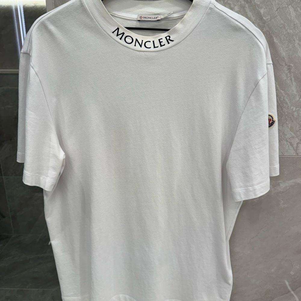 Moncler White Short Sleeve Tee with Ribbed Collar